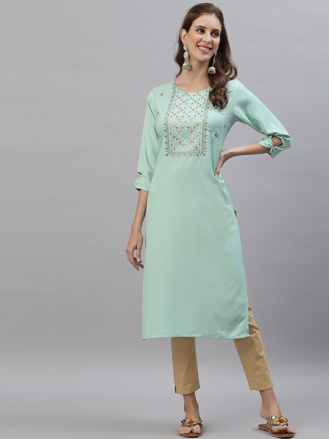 

SANISA Women Green Ethnic Motifs Embroidered Thread Work Kurta