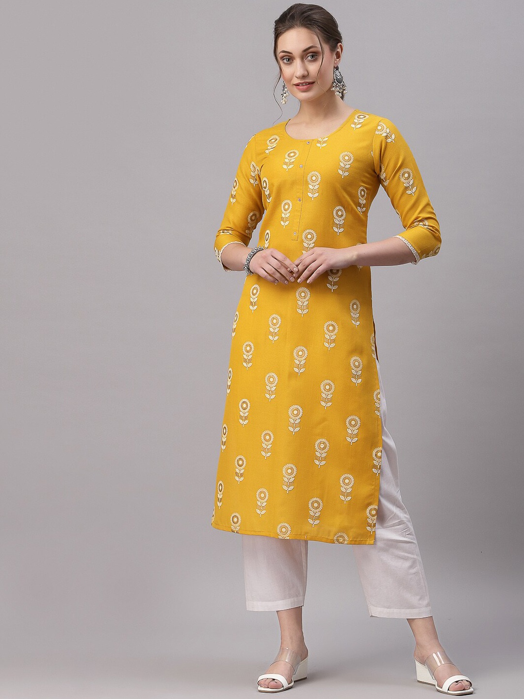 

SANISA Women Mustard Yellow Floral Printed Kurta