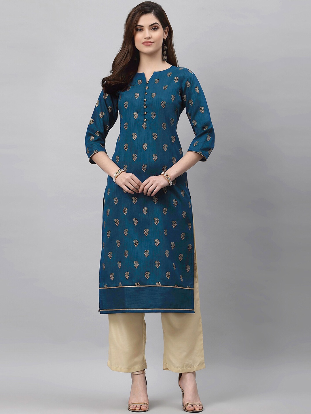 

SANISA Women Teal & Gold-Toned Ethnic Motifs Printed Kurta