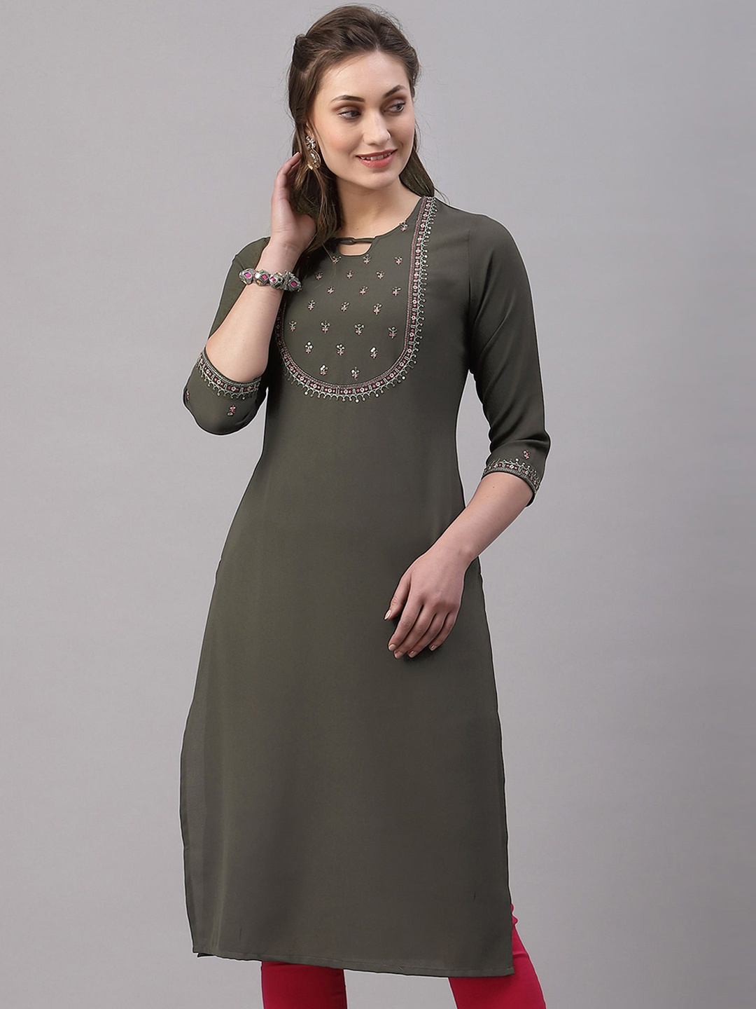 

SANISA Women Olive Green Ethnic Motifs Yoke Design Kurta