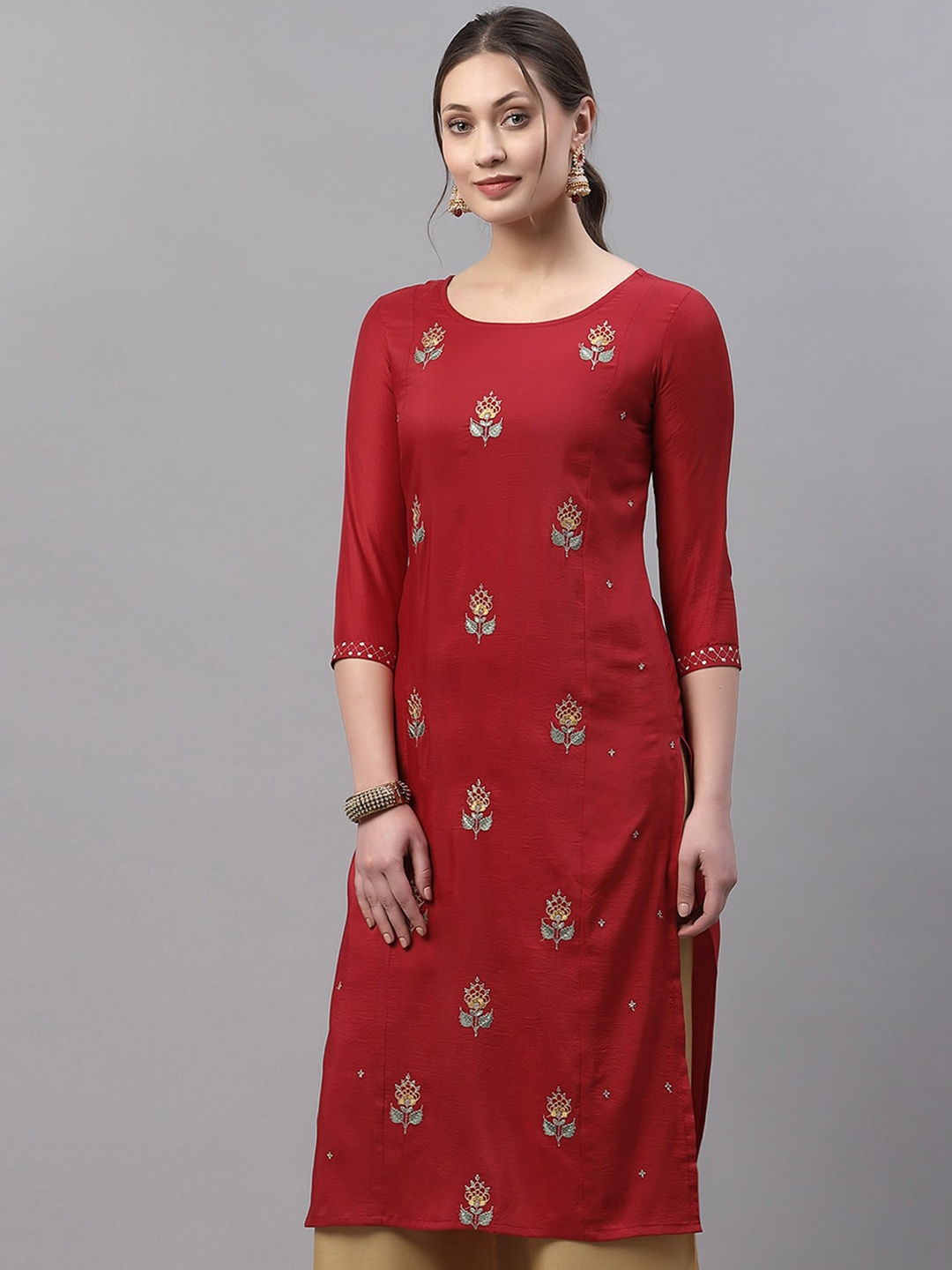 

SANISA Women Red Floral Embroidered Silk Kurta