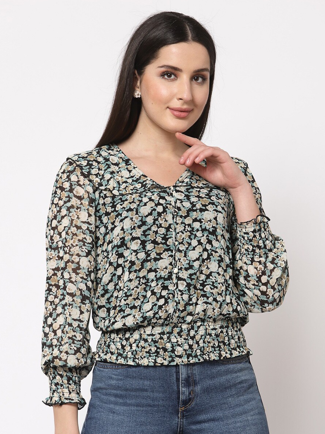 

Mafadeny Black & Beige Floral Print Georgette Cinched Waist Top