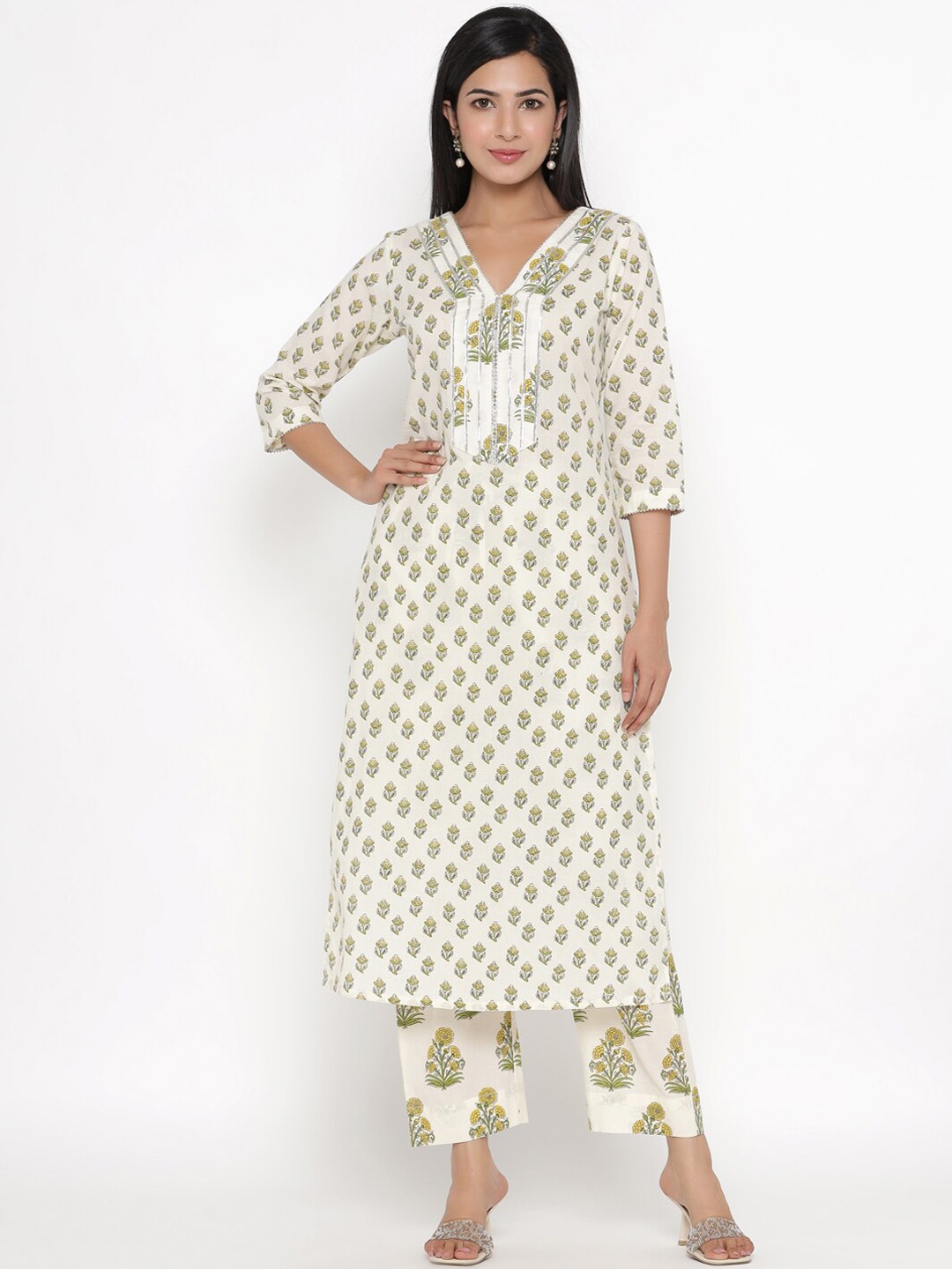 

PINKVILLE JAIPUR Women Cream-Coloured Floral Printed Pure Cotton Kurti with Trousers & With Dupatta