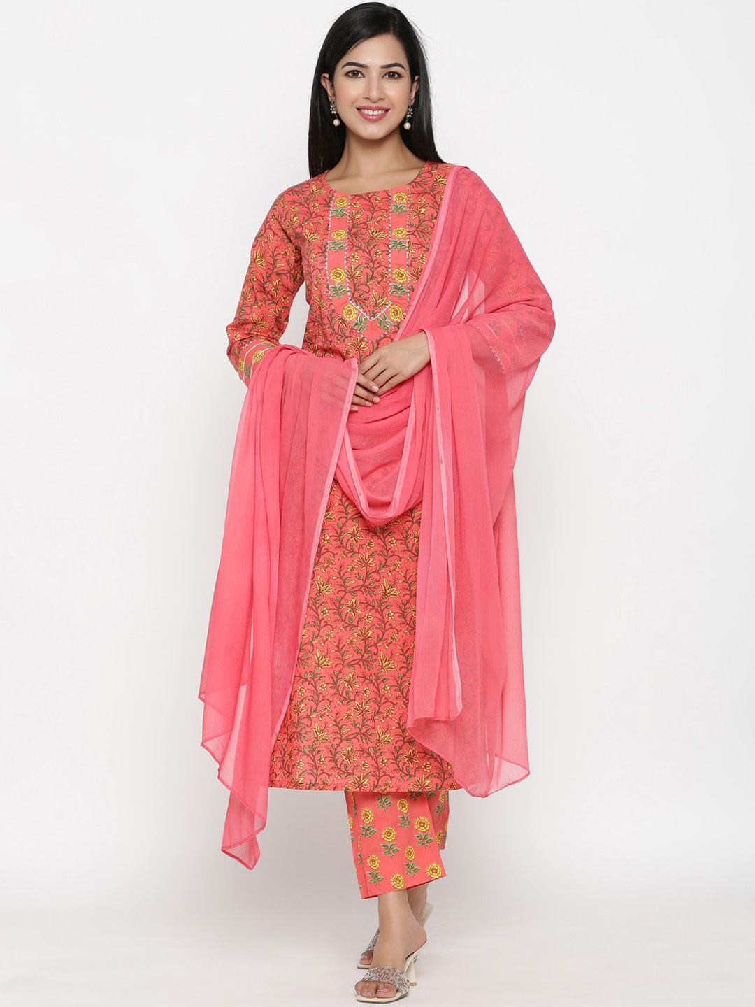 

PINKVILLE JAIPUR Women Peach-Coloured Ethnic Motifs Embroidered Layered Pure Cotton Kurti with Trousers &