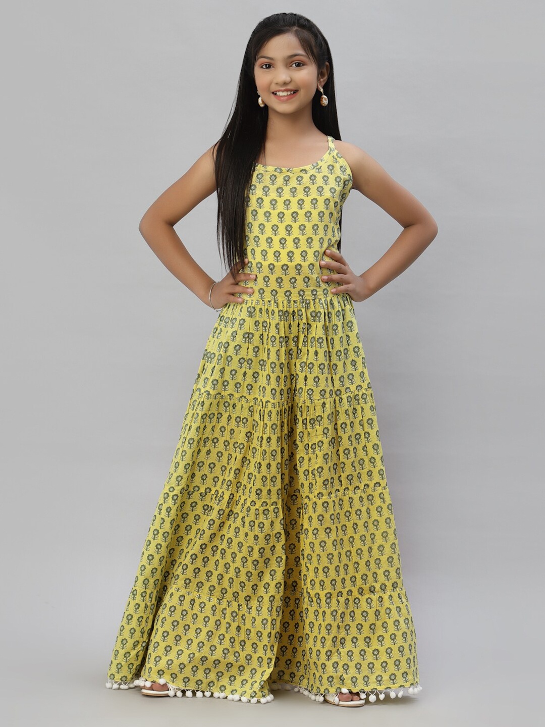 

NISHAB Girls Yellow & Olive Green Ethnic Motifs Cotton Ethnic Maxi Dress