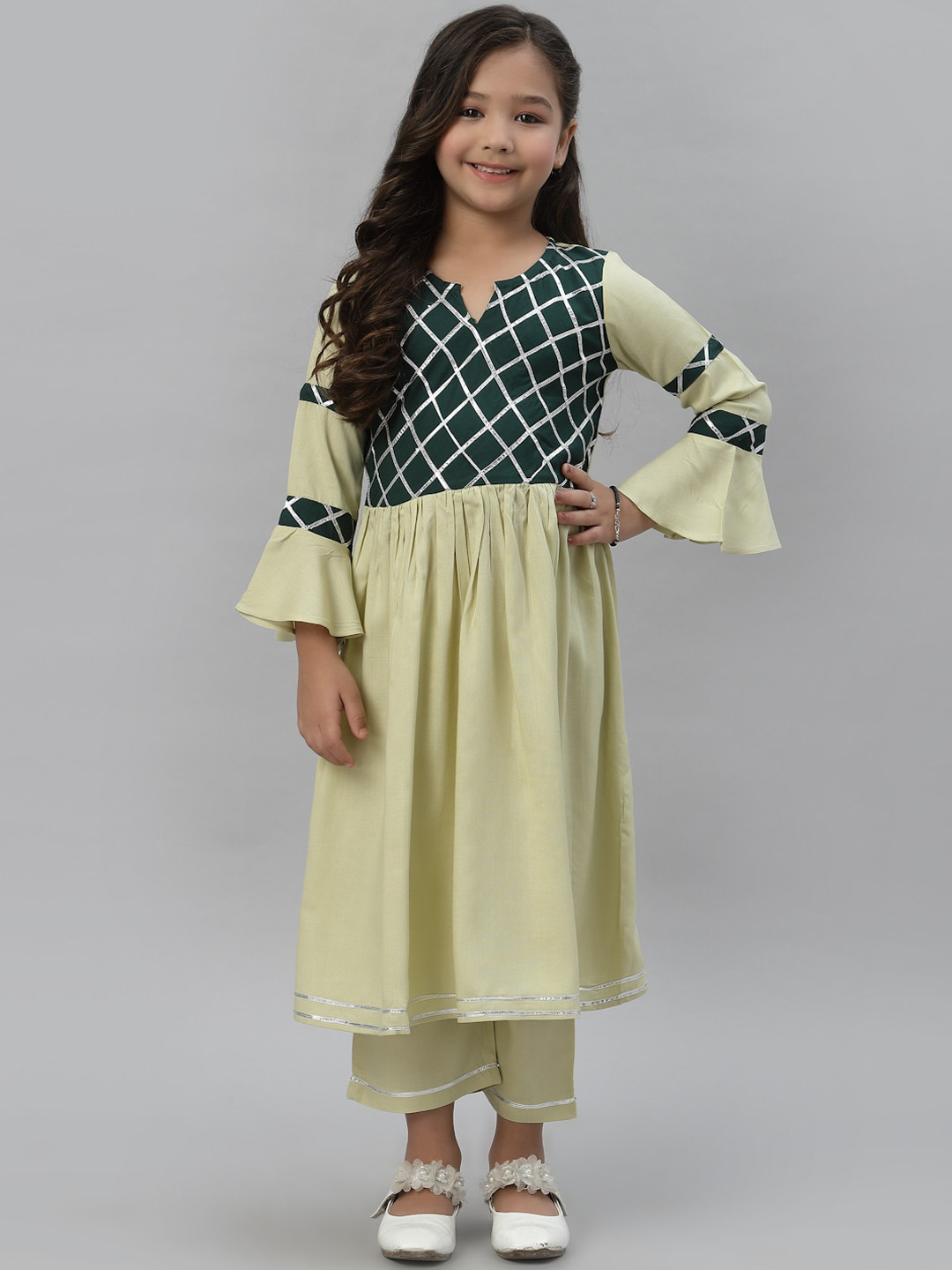 

NISHAB Girls Green Yoke Design Empire Gotta Patti Kurta with Trousers