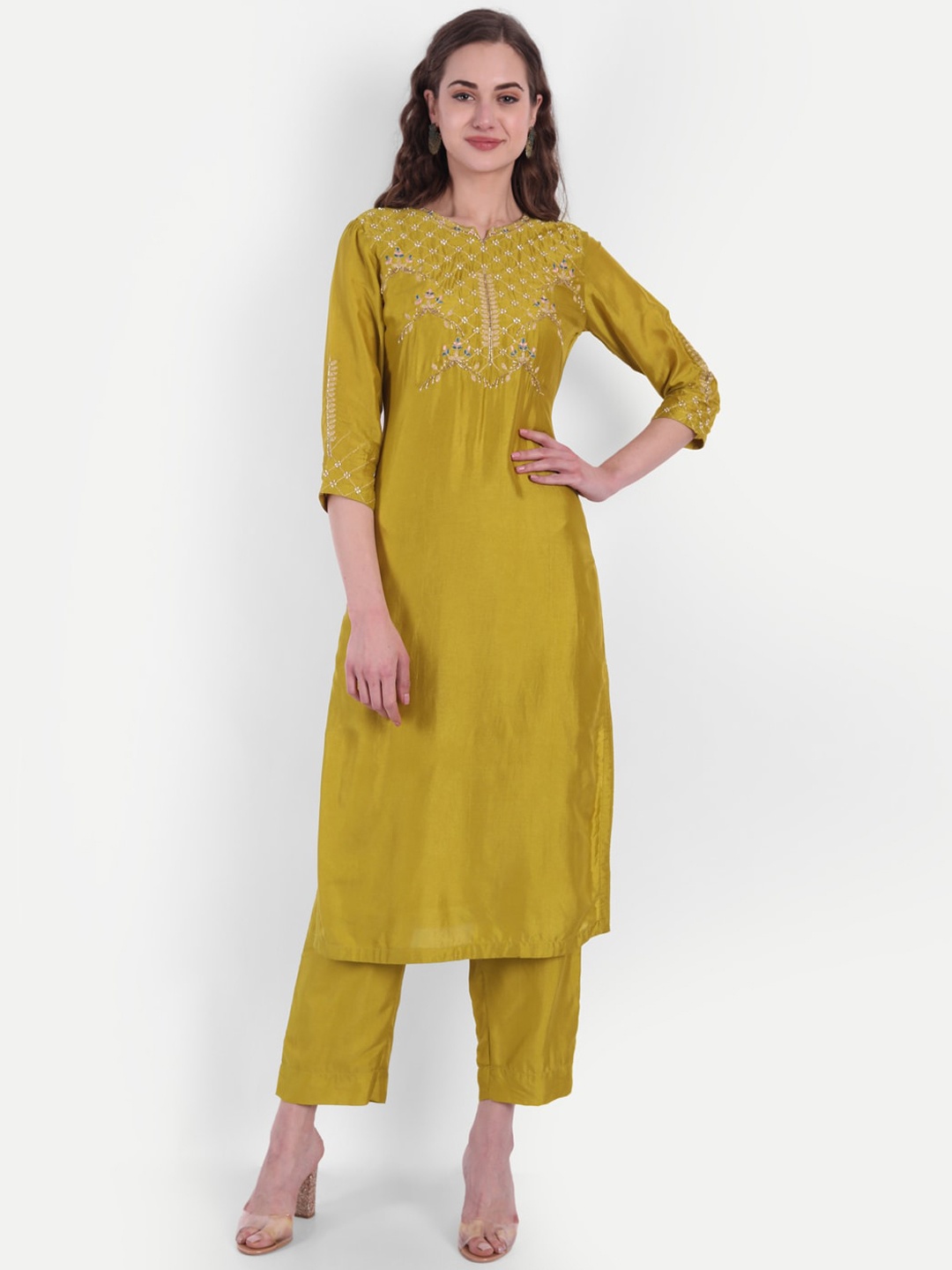 

SUTI Women Mustard Yellow Ethnic Motifs Embroidered Kurti with Trousers