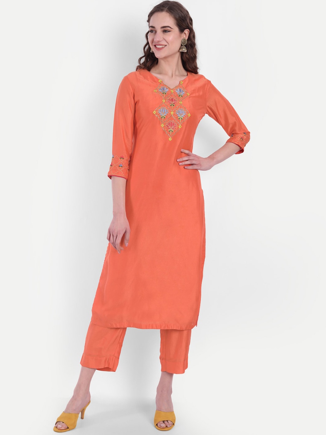

SUTI Women Orange Floral Embroidered Kurta with Trousers