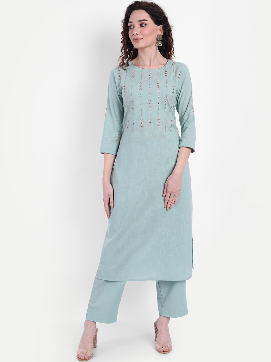 

SUTI Women Green Embroidered Pure Cotton Kurti with Trousers