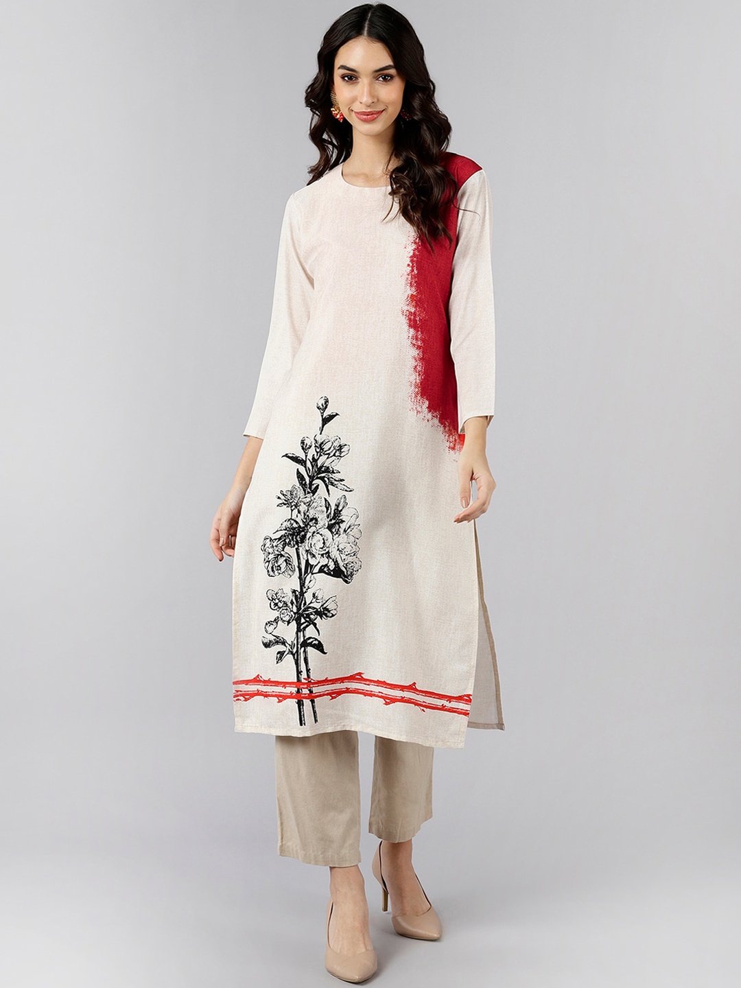 

AHIKA Women White & Red Floral Printed Kurta