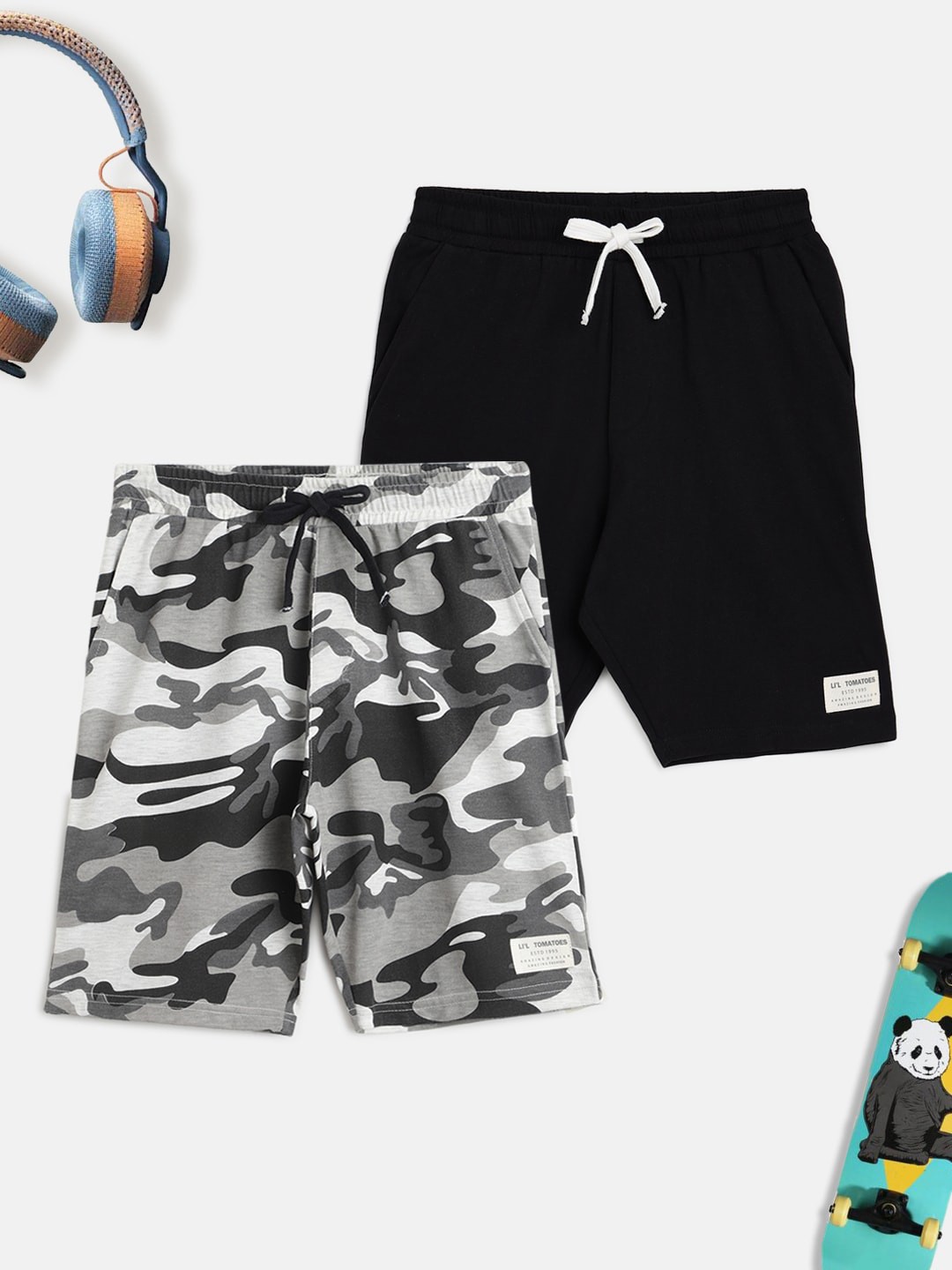 

Lil Tomatoes Boys Grey Black cotton Combo Bermuda Mid-Rise Outdoor Sports Shorts