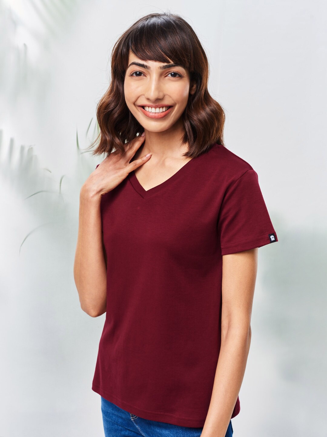 

The Souled Store Women Burgundy V-Neck Cotton T-shirt