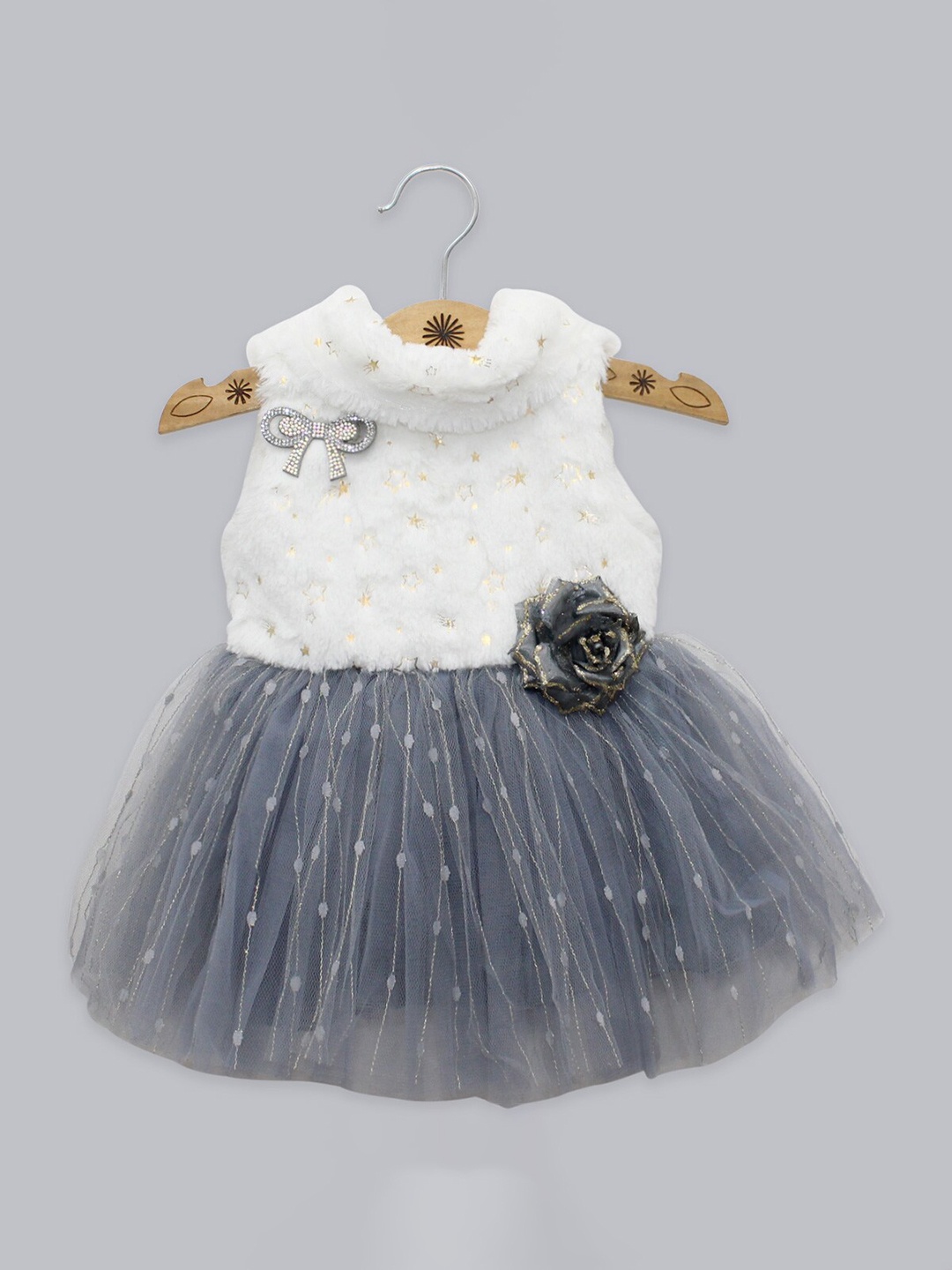 

Born Babies Girl White and Grey Sleeveless Self Design Party Midi Dress