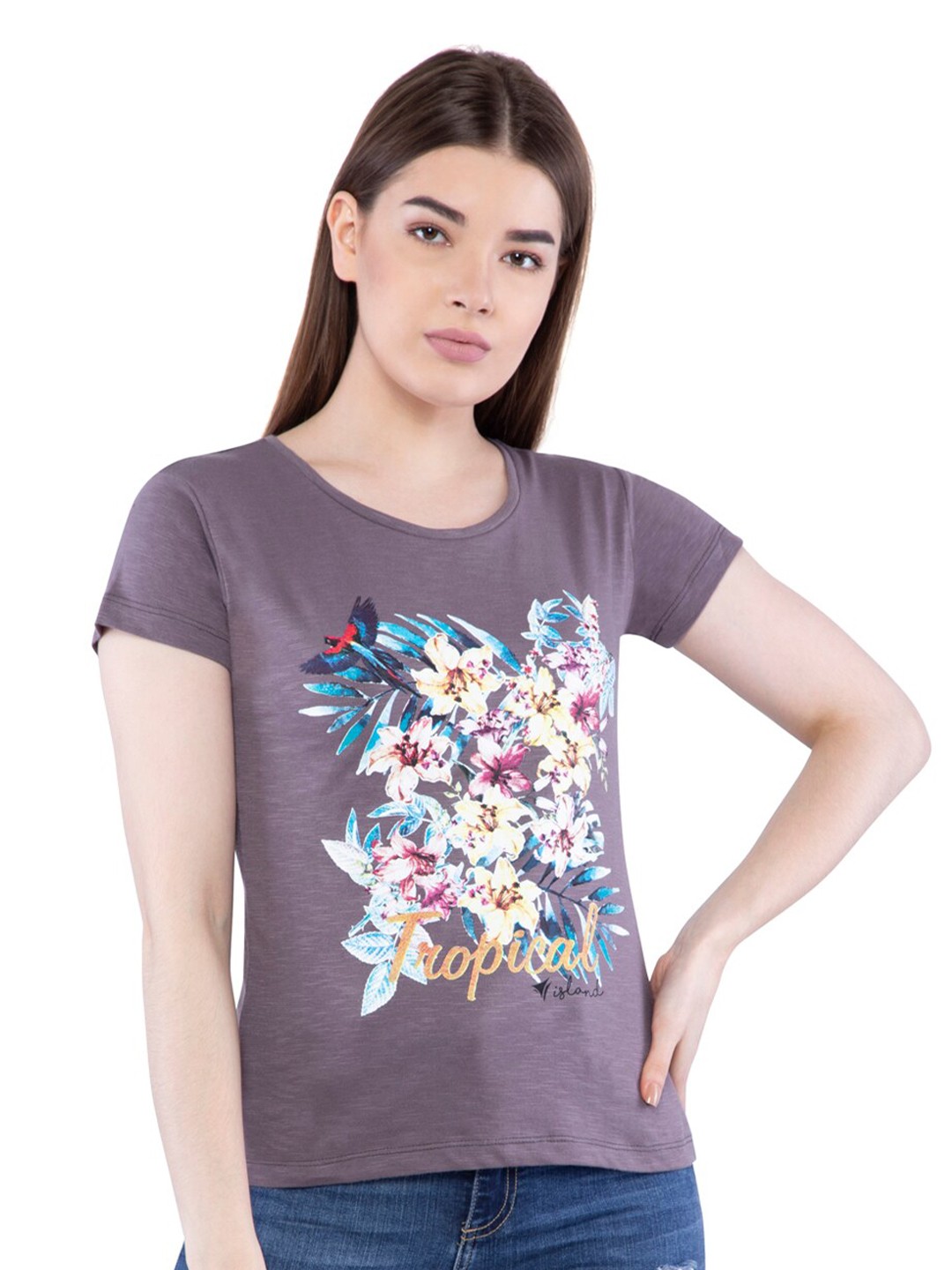 

NEVA Women Grey Printed Pure Cotton T-shirt