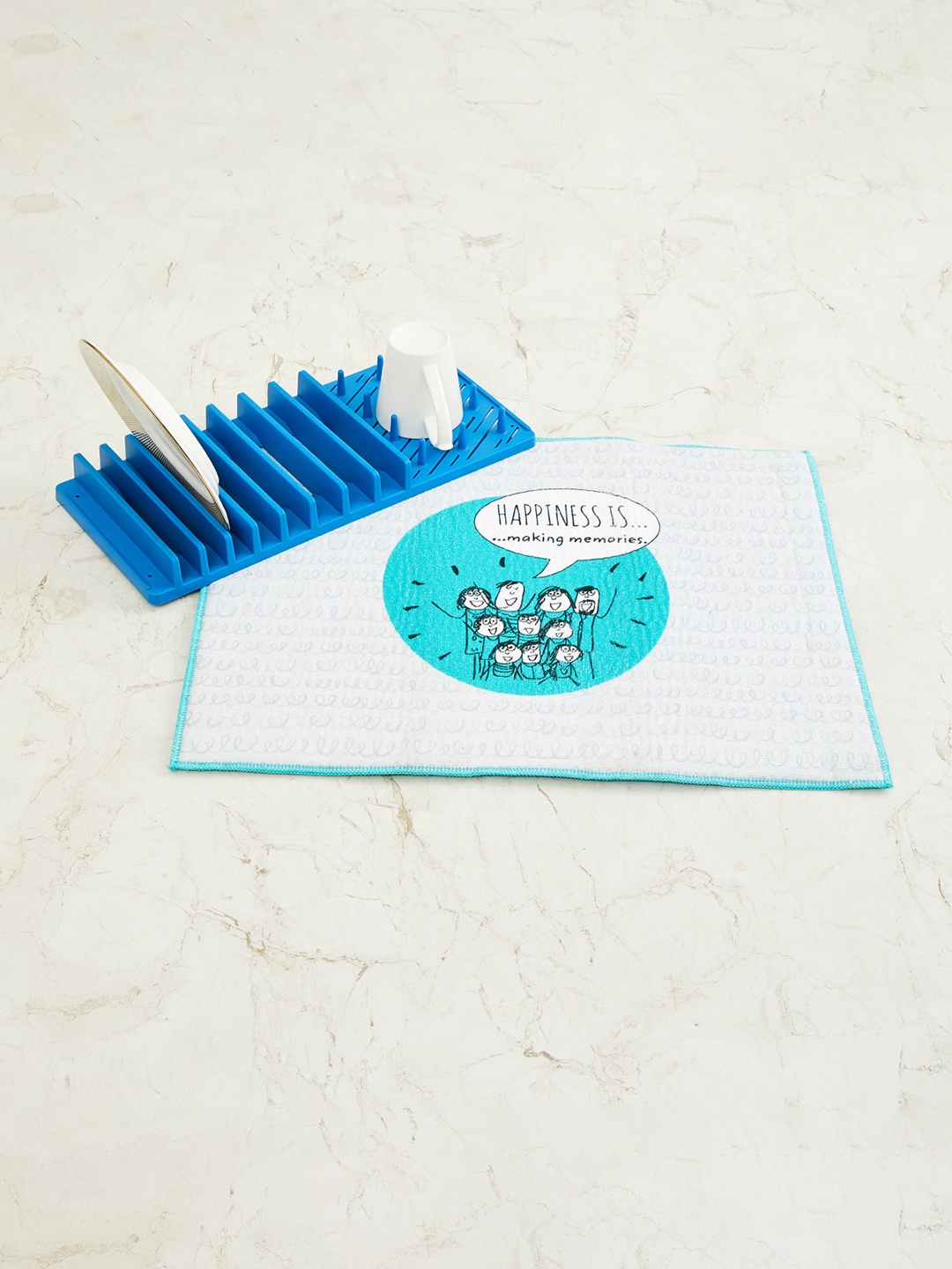 

Home Centre Teal Blue Happiness Printed Dish Drying Mat with Dish Rack