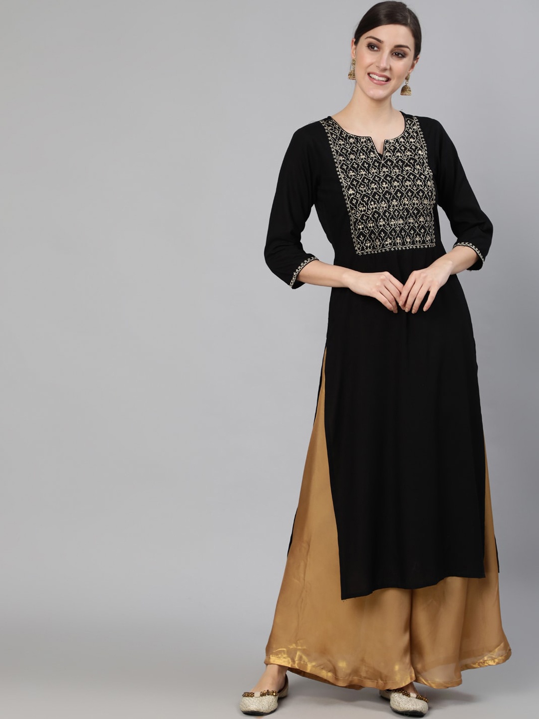 

Nayo Women Black Geometric Yoke Design Embroidered Straight Kurta