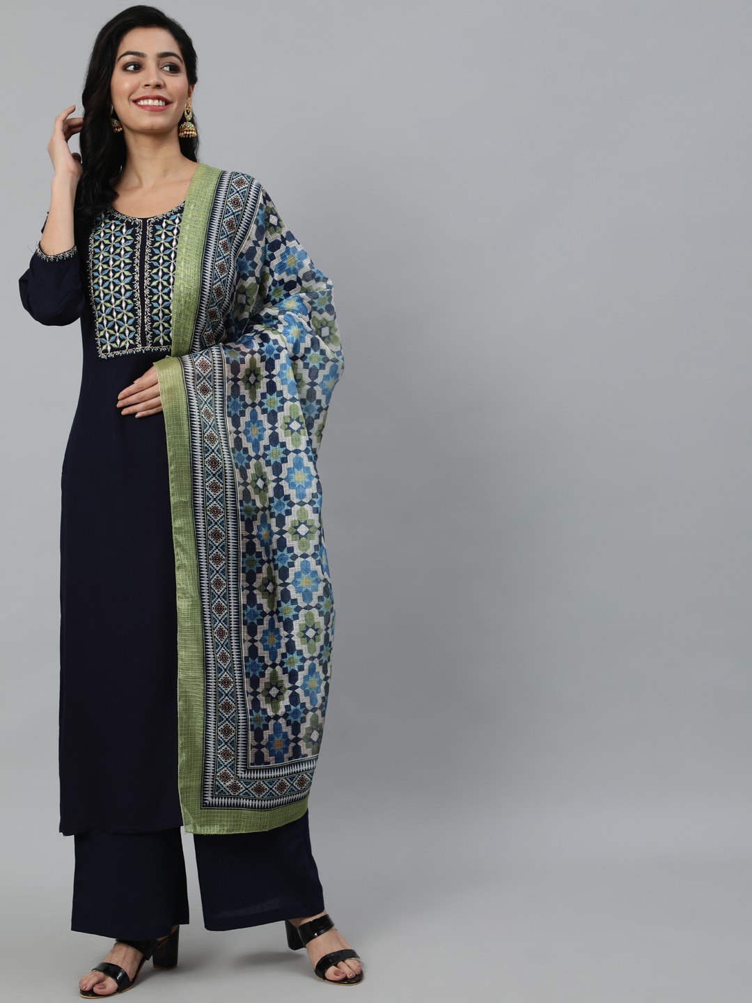 

Nayo Women Navy Blue Embroidred Straight Kurta With Palazzo And Dupatta