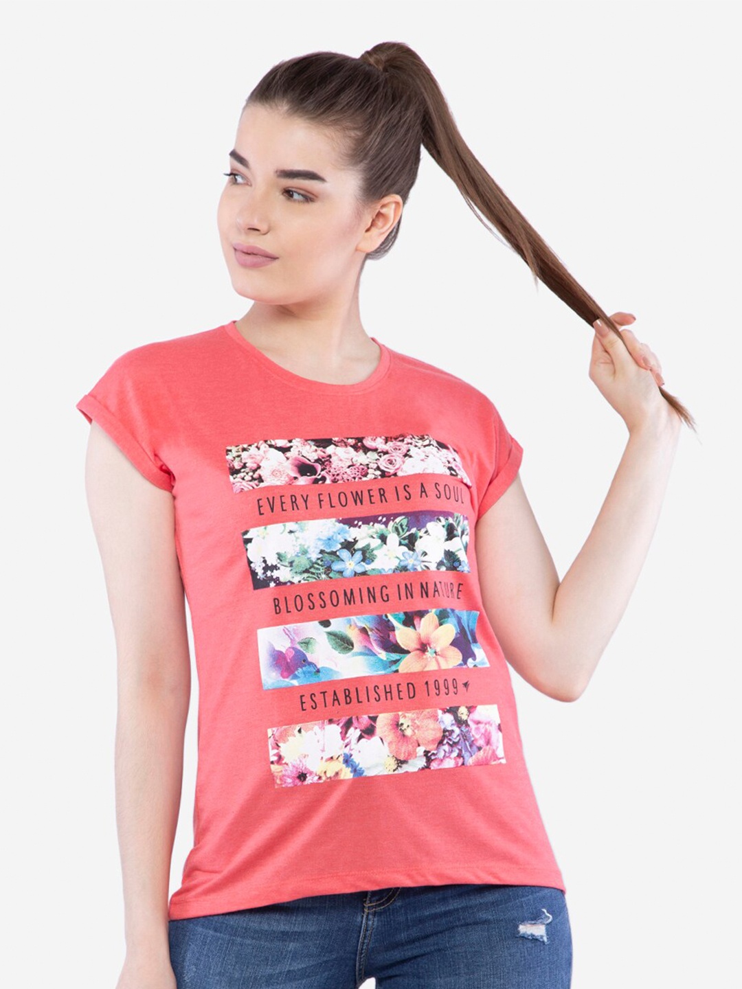 

NEVA Women Coral Floral Printed Cotton T-shirt