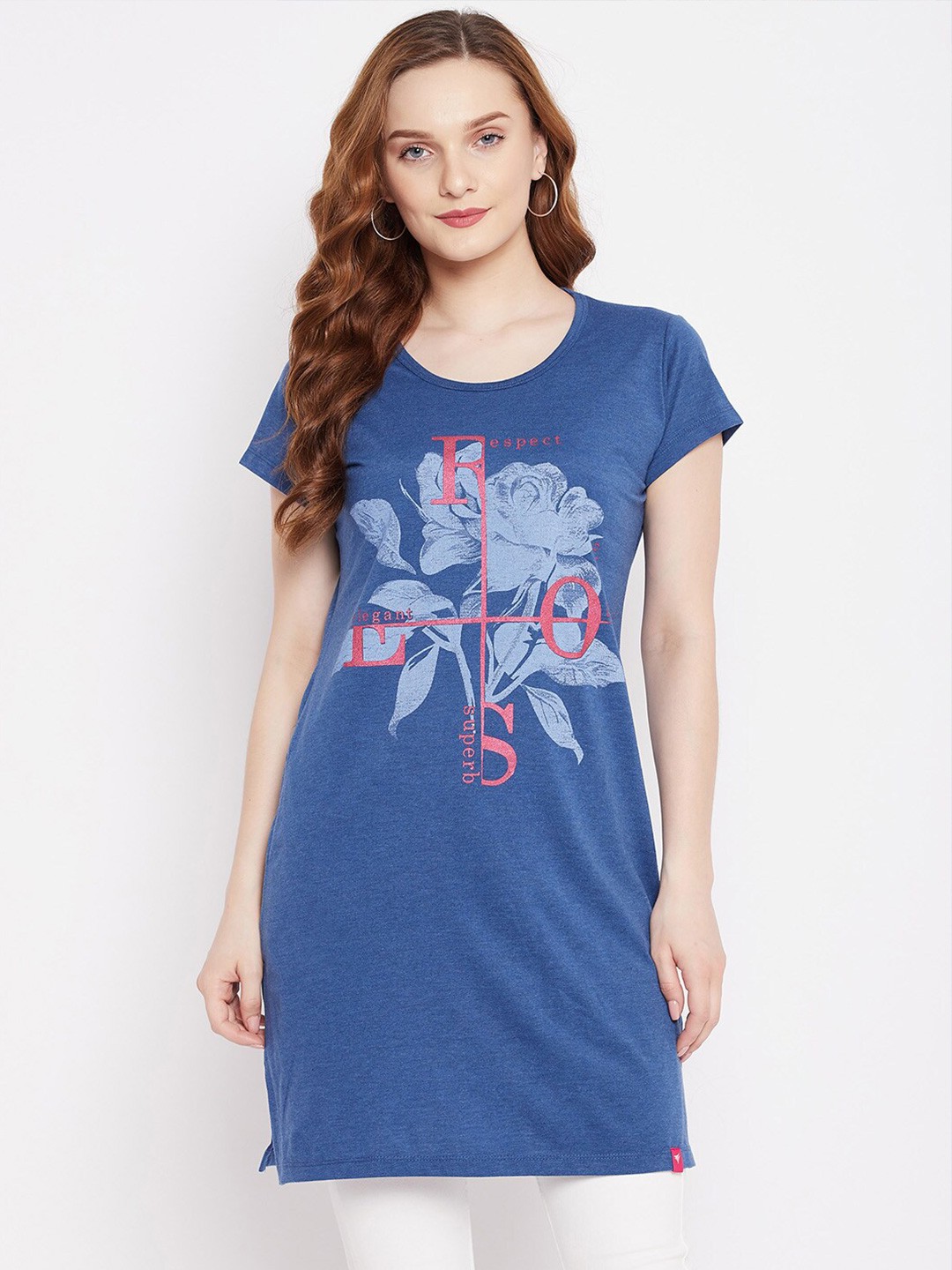 

NEVA Women Blue Floral Printed Long T-shirt