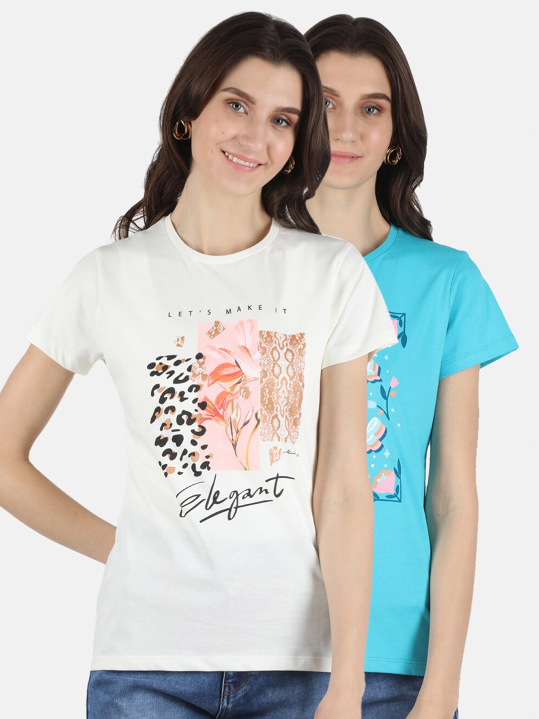 

Monte Carlo Women Cream-Coloured & Blue Pack Of 2 Typography Printed T-shirts