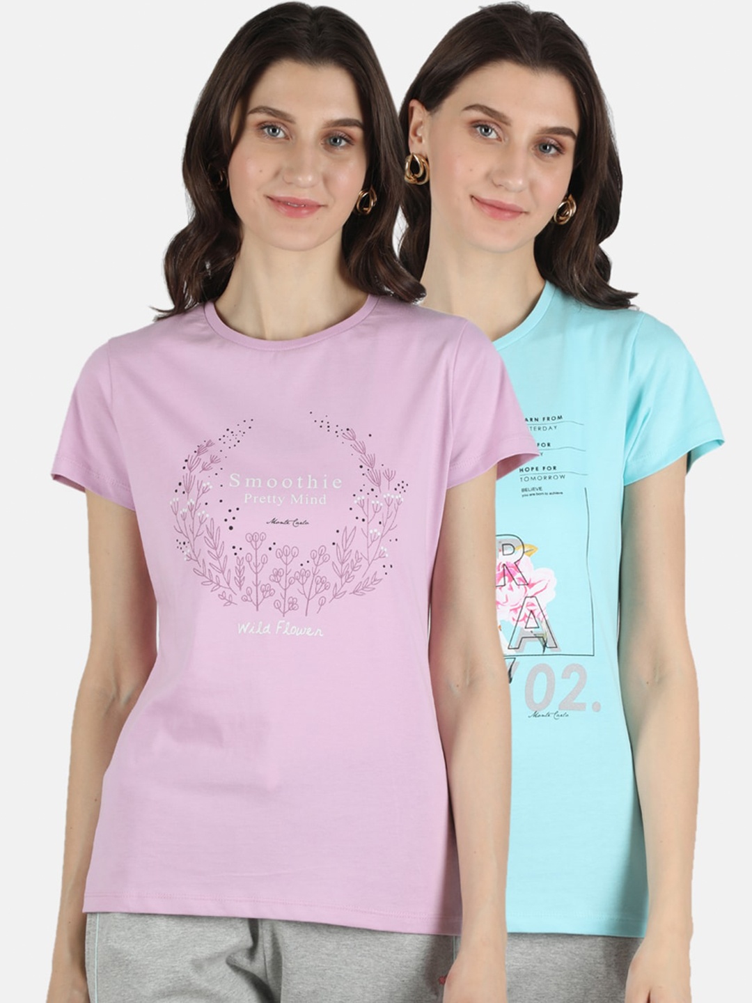 

Monte Carlo Women Purple & Blue Set Of 2 Printed Pure Cotton T-shirt