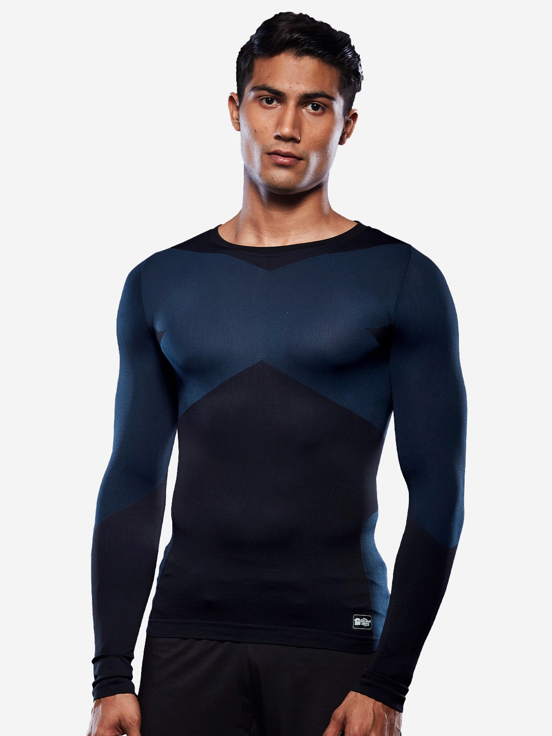 The Souled Store Men Blue & Black Colourblocked Sports T-shirt