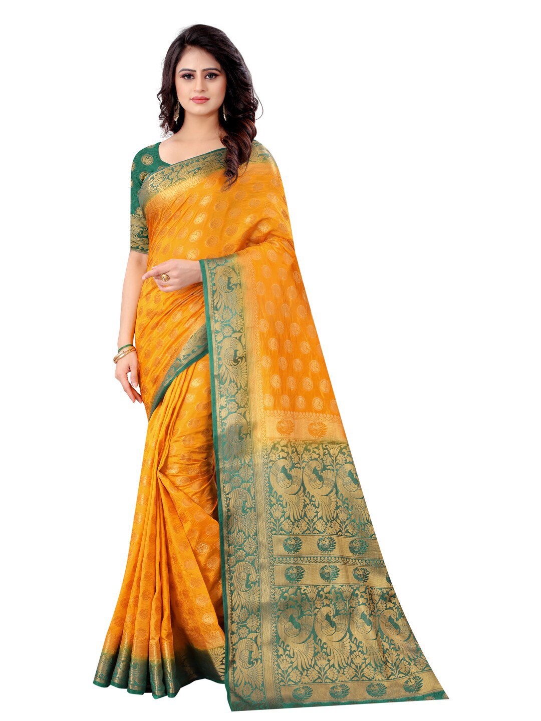 

PERFECT WEAR Mustard & Green Ethnic Motifs Zari Banarasi Saree