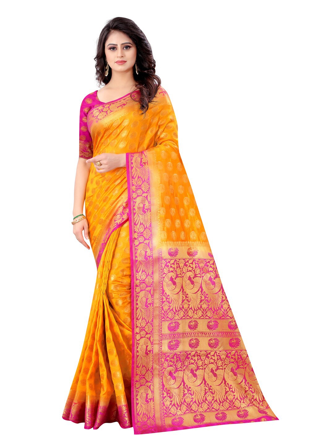 

PERFECT WEAR Orange & Pink Ethnic Motifs Zari Silk Cotton Banarasi Saree