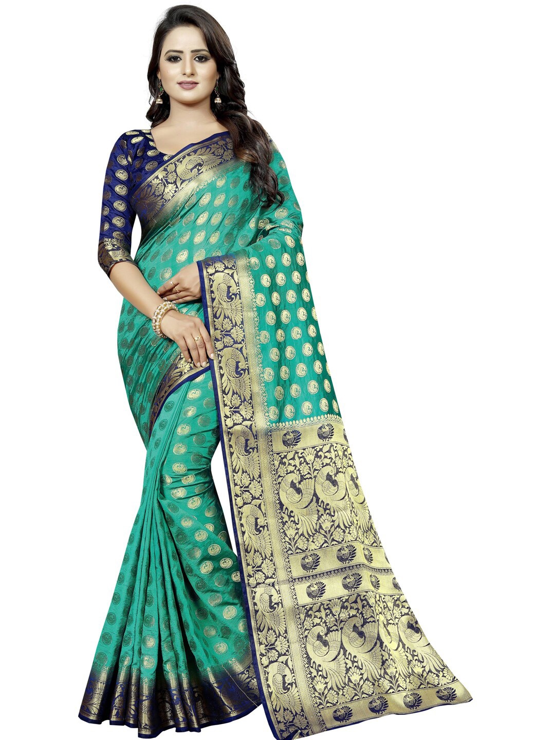 

PERFECT WEAR Sea Green & Blue Ethnic Motifs Zari Silk Cotton Banarasi Saree