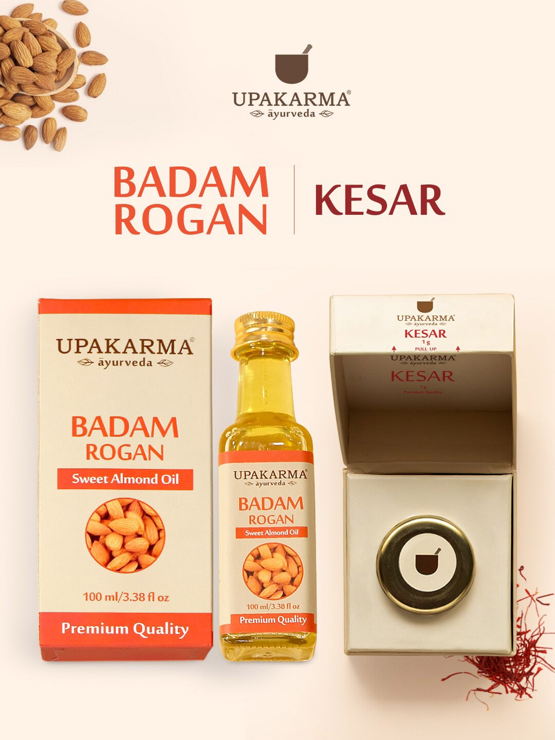 

UPAKARMA Set of Badam Rogan Body & Hair Oil 100 ml & Pure Kashmiri Kesar 1 g, Yellow