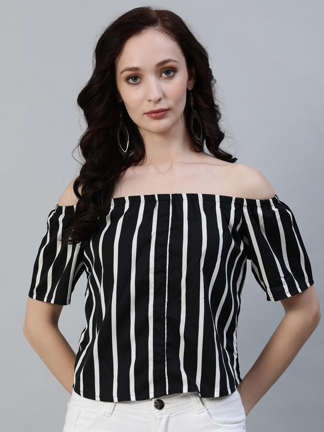 

AASI - HOUSE OF NAYO Black & White Striped Bardot Crop Top