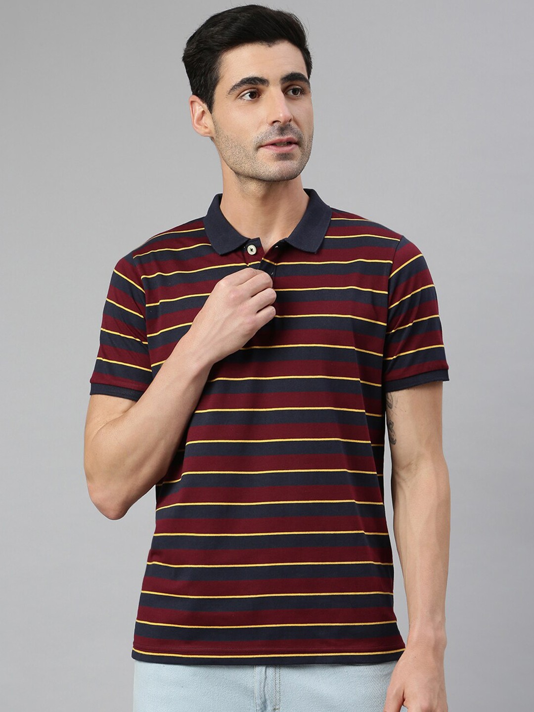 

MR BUTTON Men Maroon Striped Polo Collar Applique Slim Fit T-shirt
