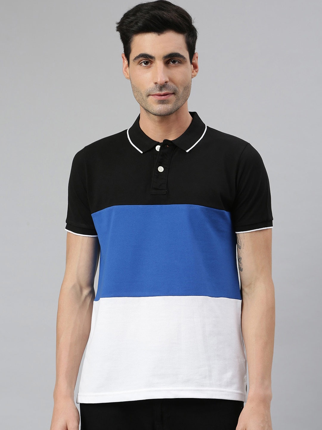 

MR BUTTON Men Black & Blue Polo Collar Slim Fit T-shirt