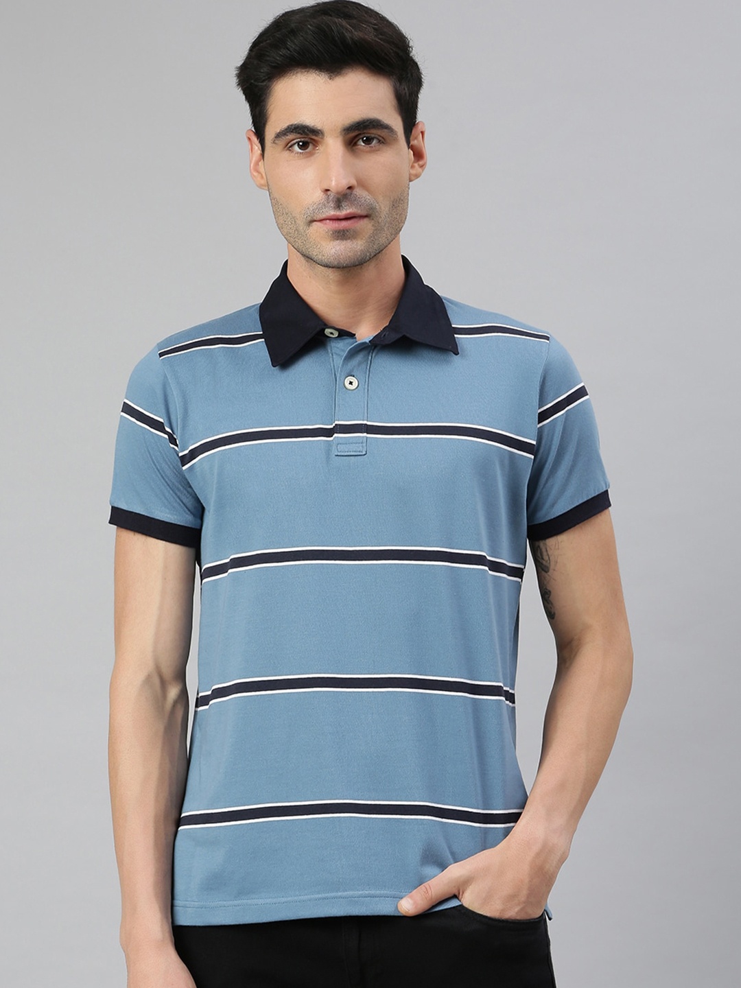 

MR BUTTON Men Blue Striped Polo Collar Slim Fit T-shirt