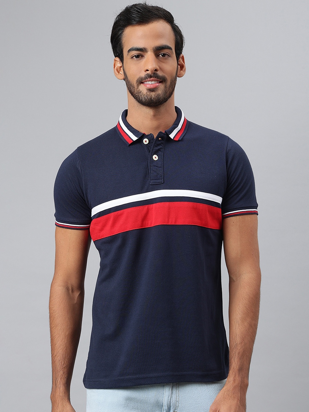 

MR BUTTON Men Navy Blue Polo Collar Slim Fit T-shirt