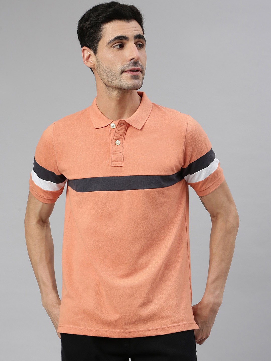 

MR BUTTON Men Orange Colourblocked Polo Collar Slim Fit T-shirt