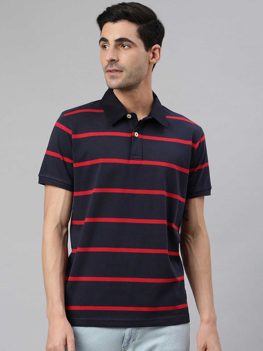 

MR BUTTON Men Navy Blue Striped Polo Collar Slim Fit T-shirt