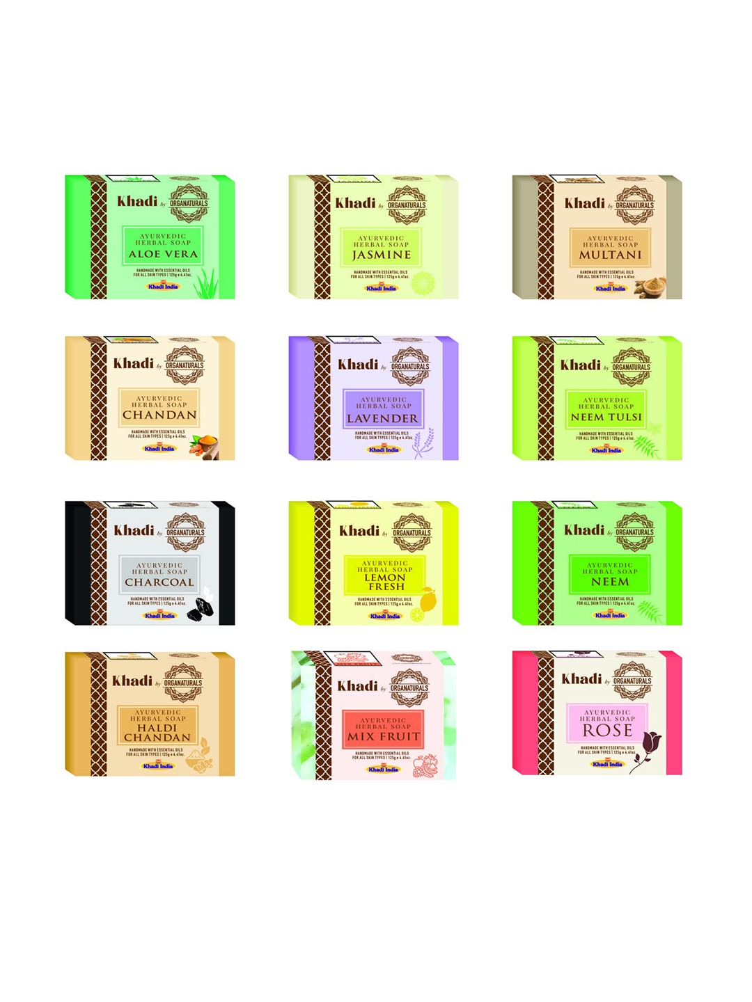 

ORGANATURALS Khadi Set of 12 Ayurvedic Handmade Soaps - 125 g Each, Multi