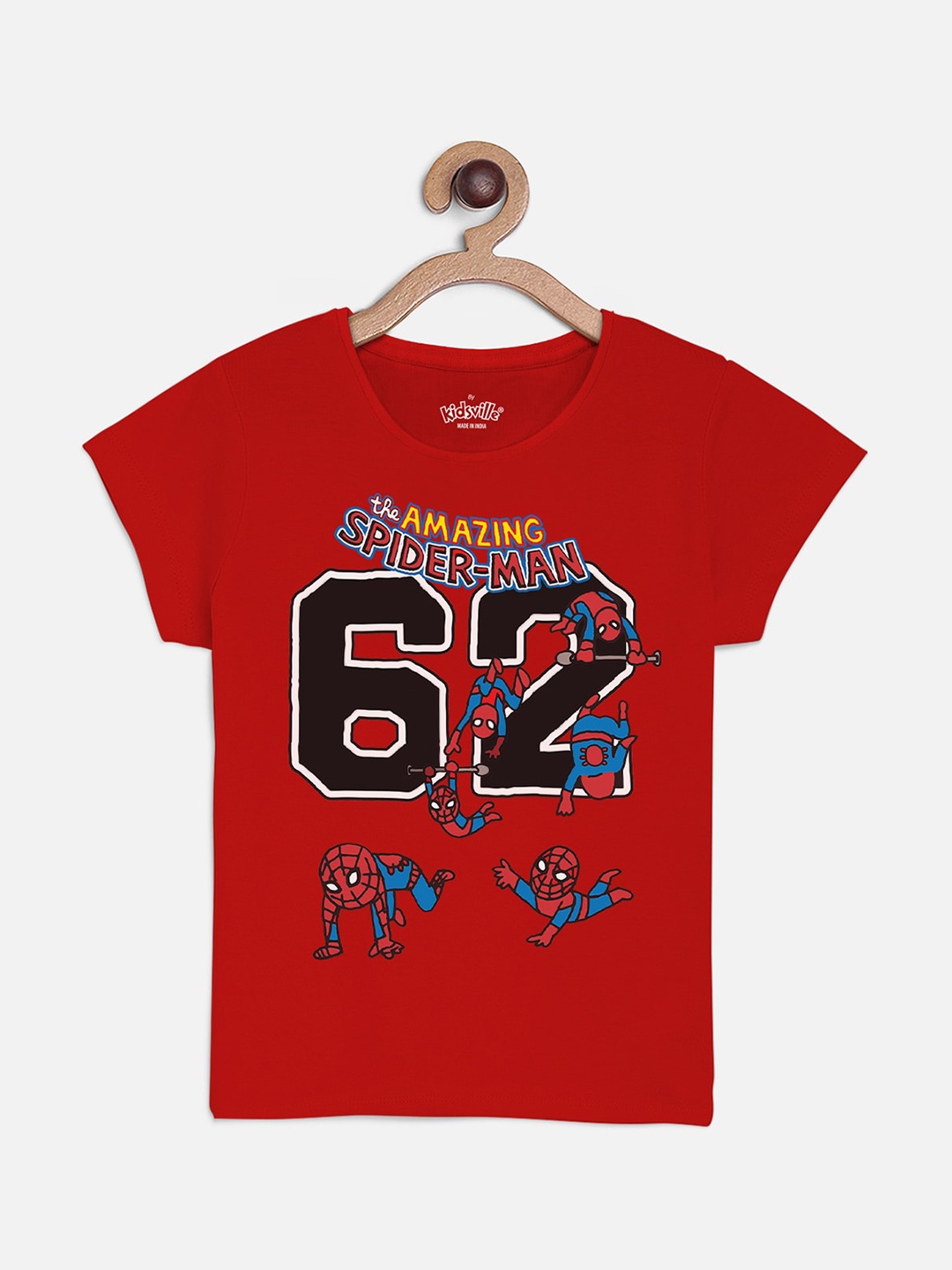 

Kids Ville Girls Red Typography Spider-Man Printed Cotton T-shirt