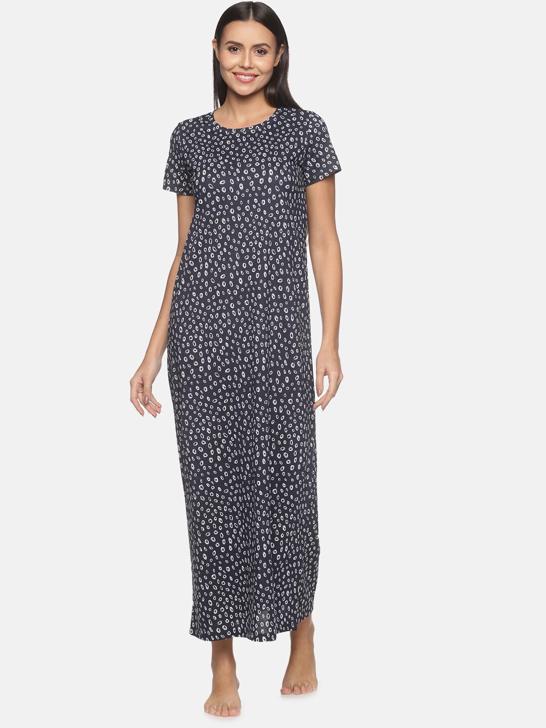 

BEVERLY BLUES Navy Blue Printed Maxi Nightdress