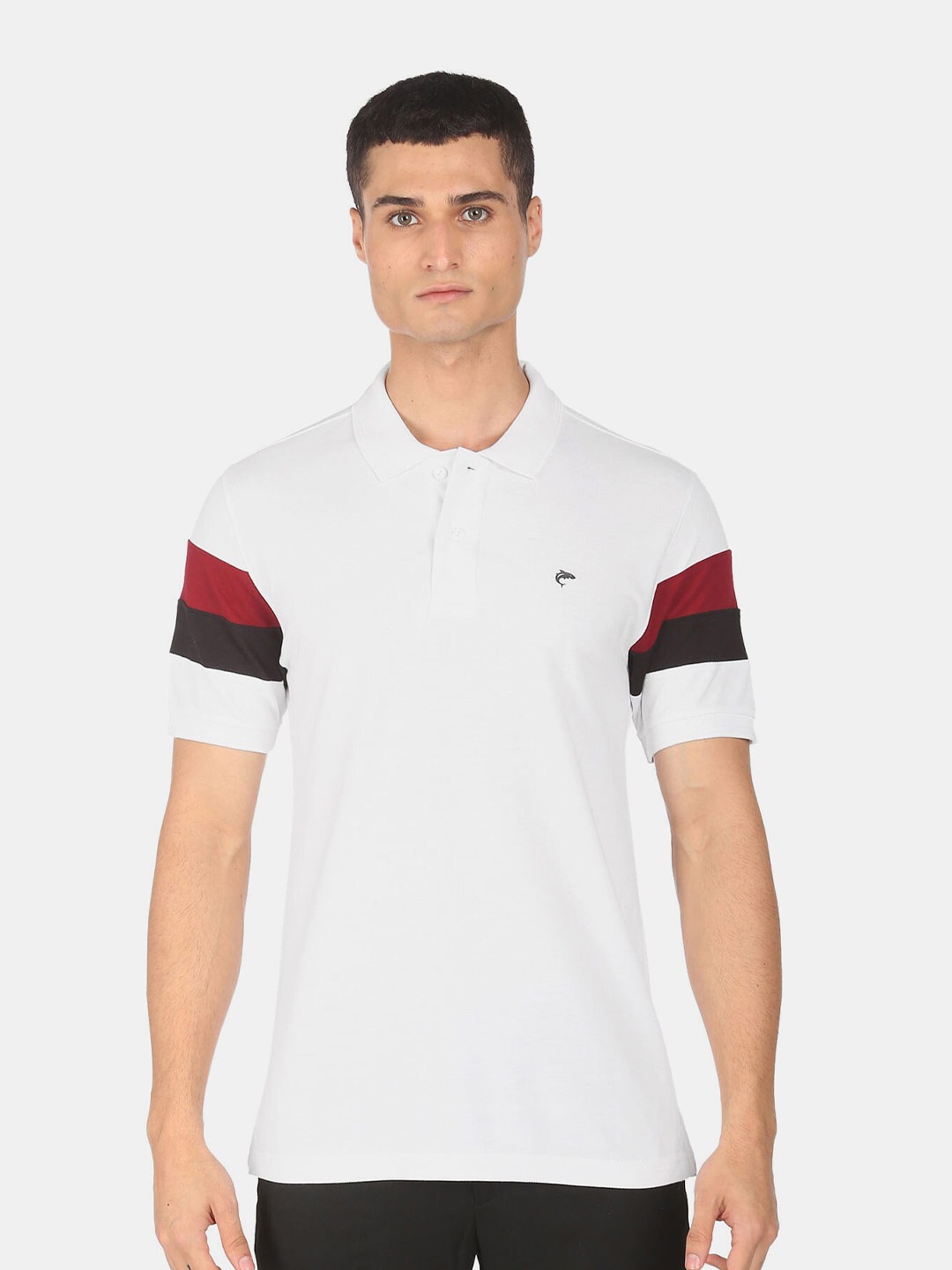 

Ruggers Men White and Red Colourblocked 100% Cotton Polo Collar T-shirt