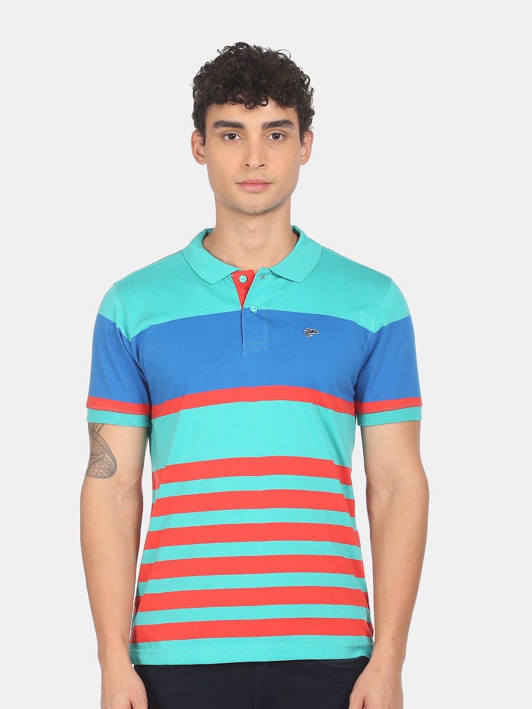 

Ruggers Men Sea Green & Red Striped Polo Collar T-shirt