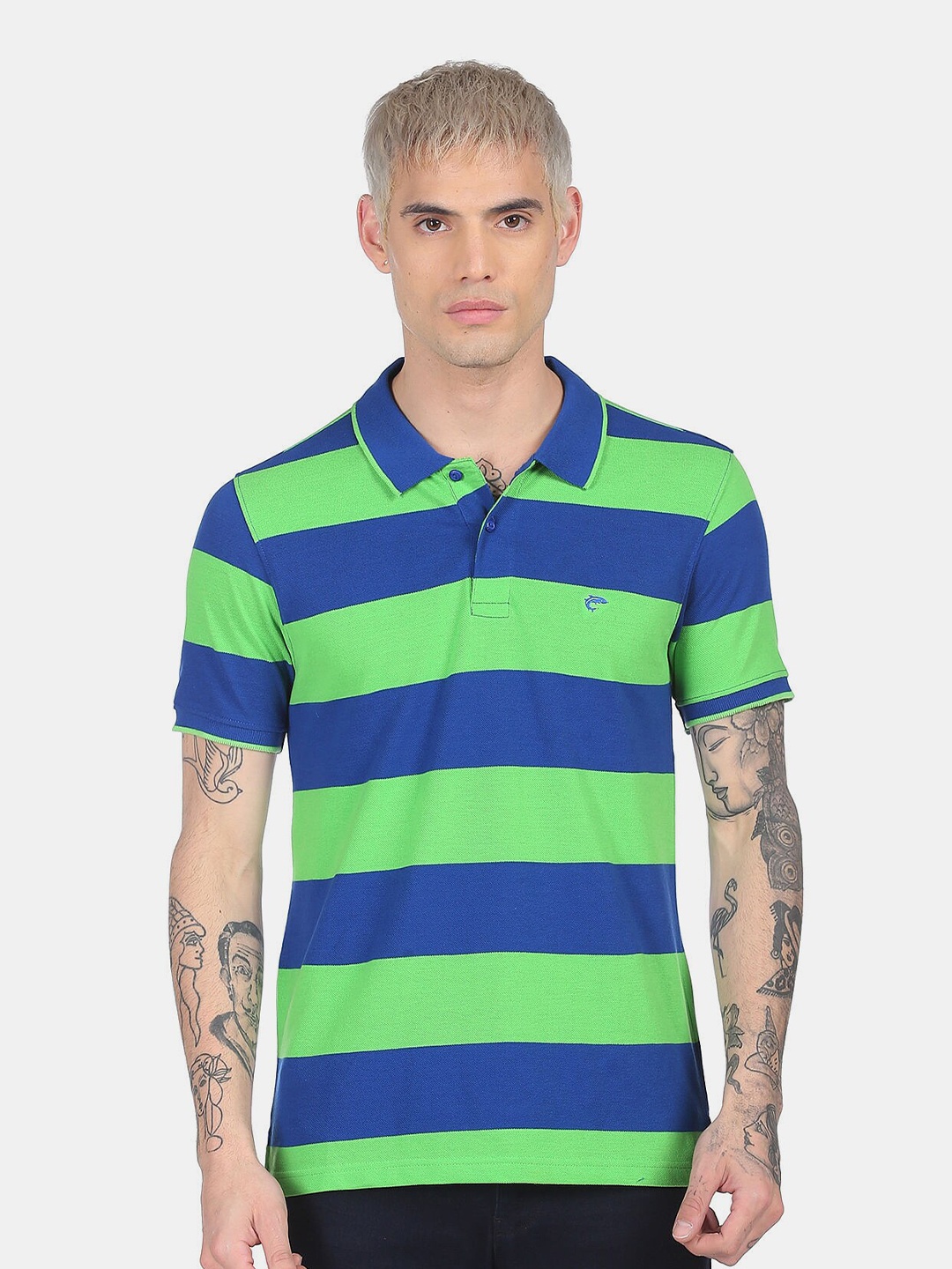 

Ruggers Men Green Striped Polo Collar Cotton T-shirt