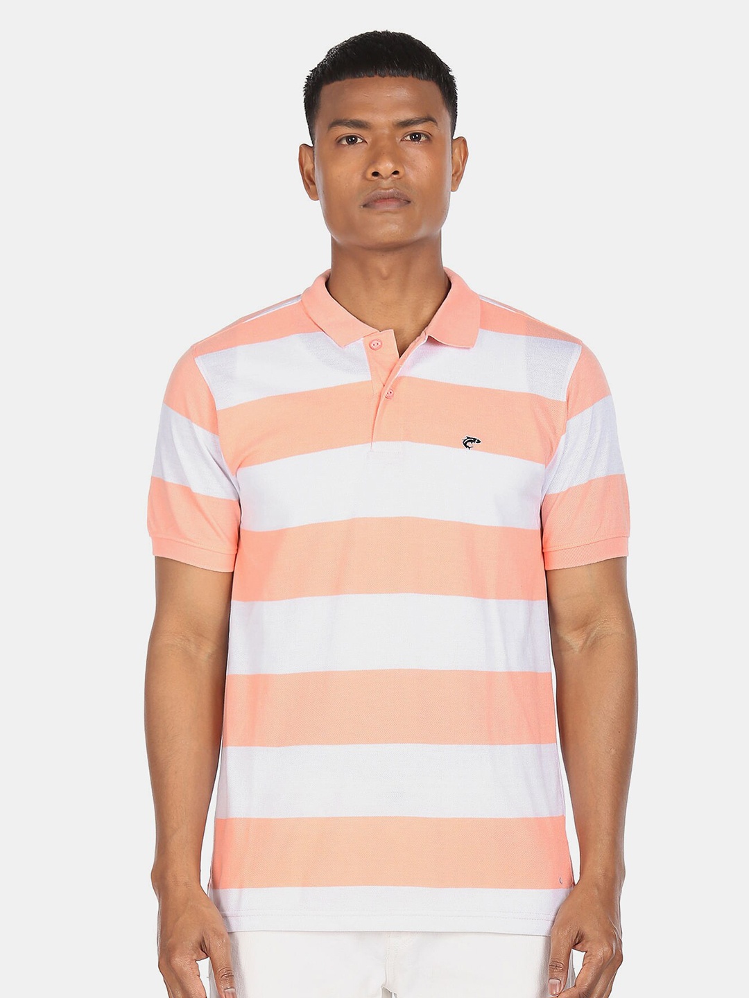 

Ruggers Men Peach Striped Polo Collar Cotton T-shirt