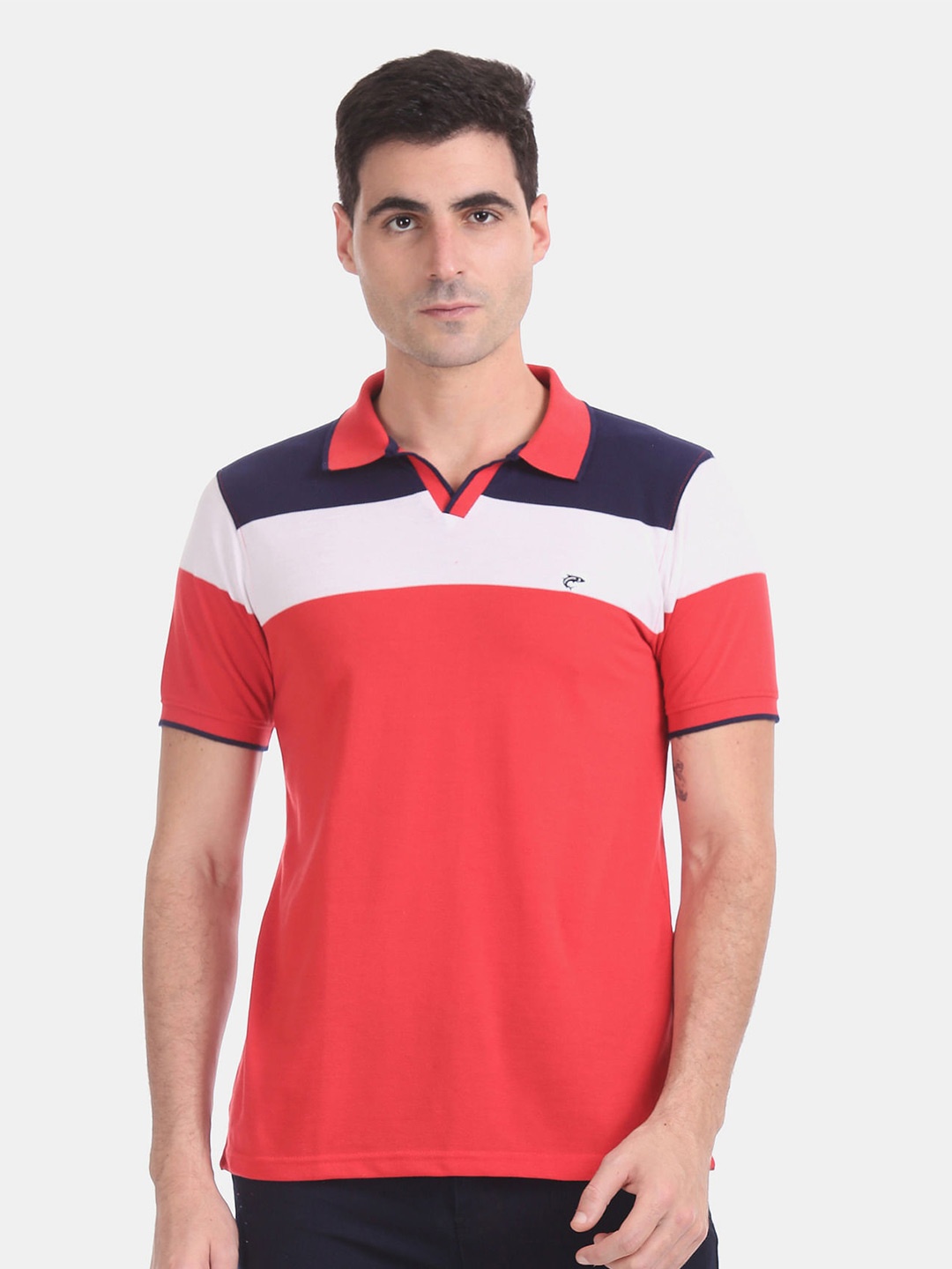 

Ruggers Men Coral & White Colourblocked Polo Collar T-shirt