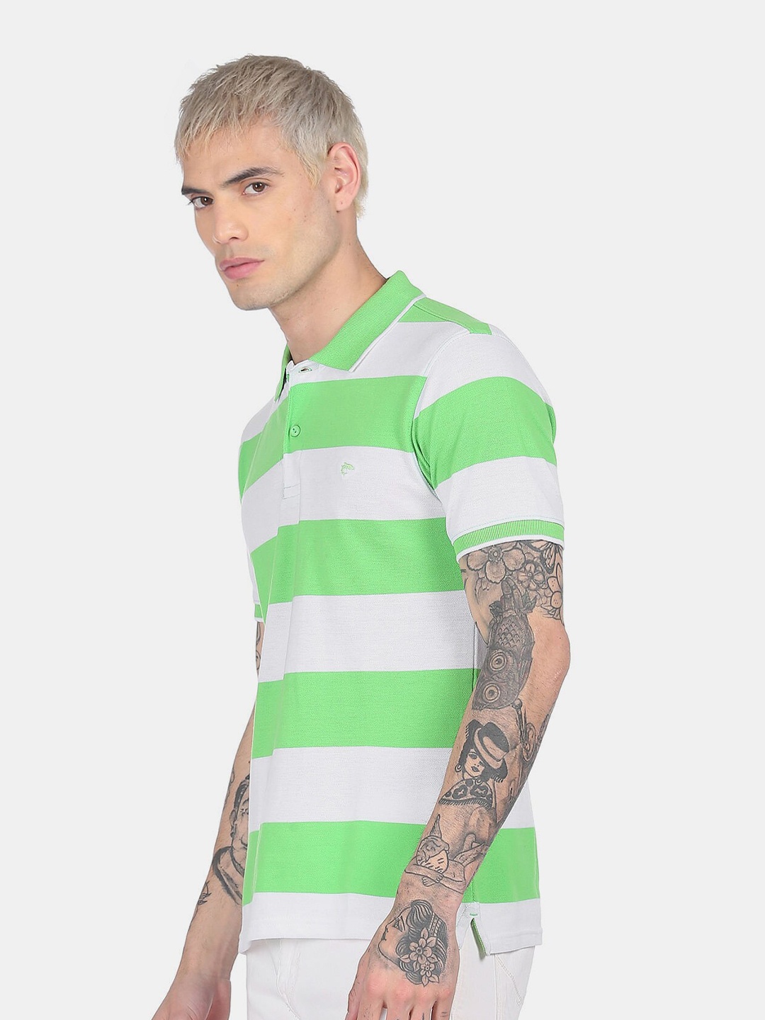 

Ruggers Men Green & White Striped Polo Collar T-shirt