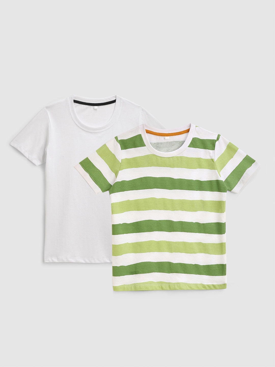 

KIDSCRAFT Boys White & Green Set of 2 Striped Cotton T-shirts