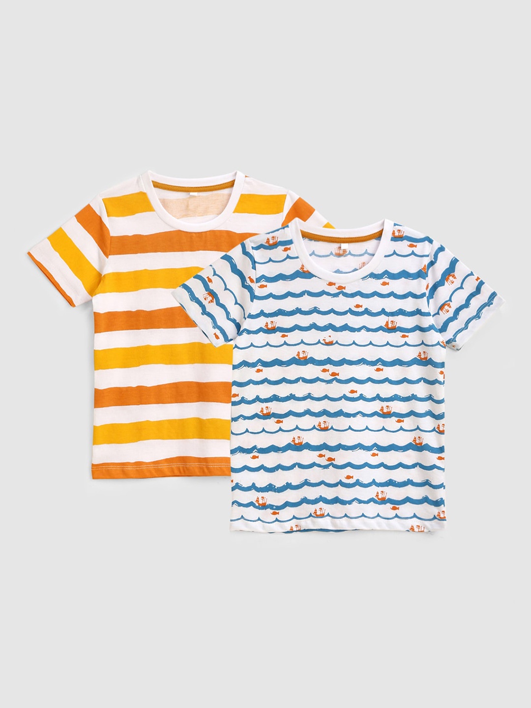 

KIDSCRAFT Boys White & Orange Set of 2 Striped Cotton T-shirts