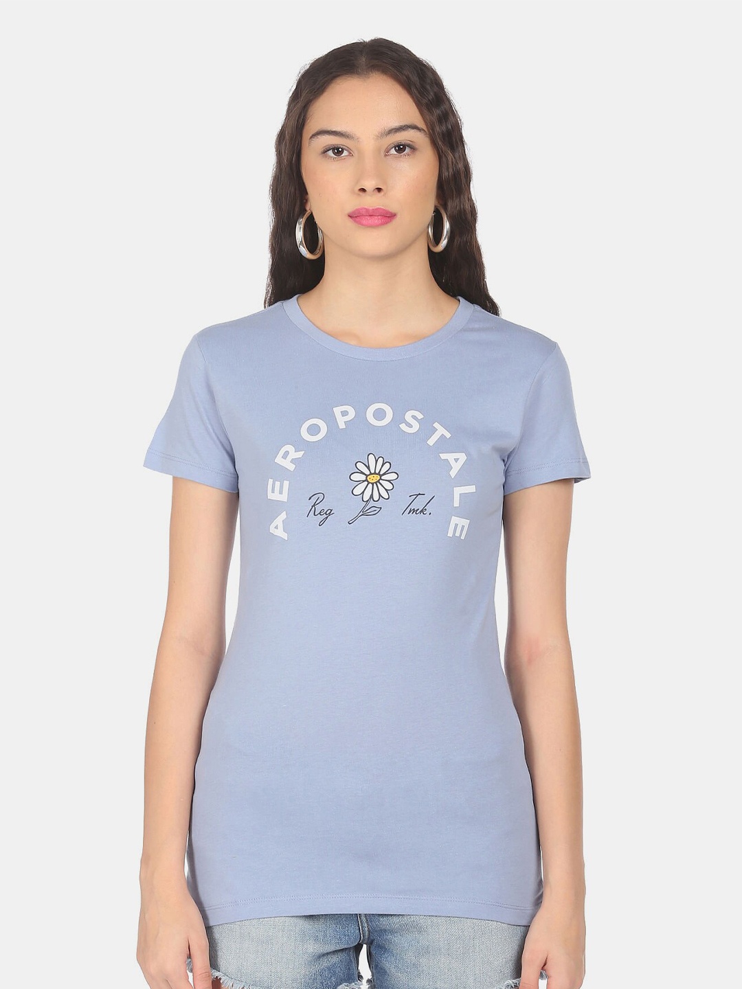 

Aeropostale Women Blue Solid Typography Round Neck Short Sleeve Printed T-shirt