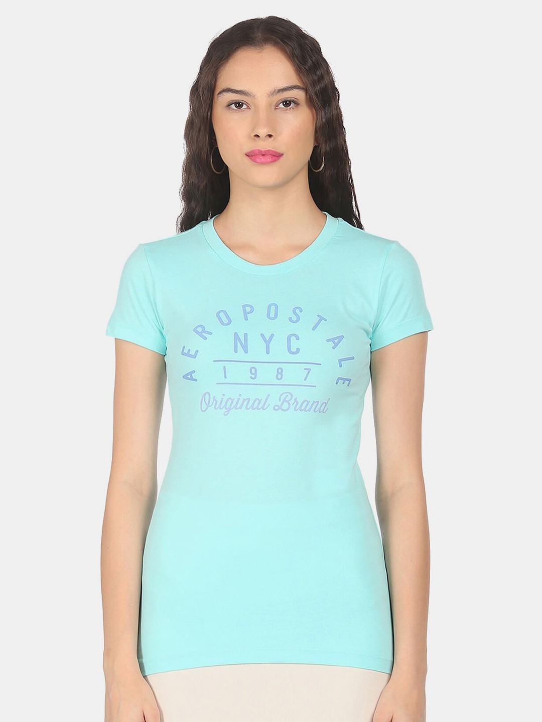 

Aeropostale Women Turquoise Blue Typography Printed Applique T-shirt